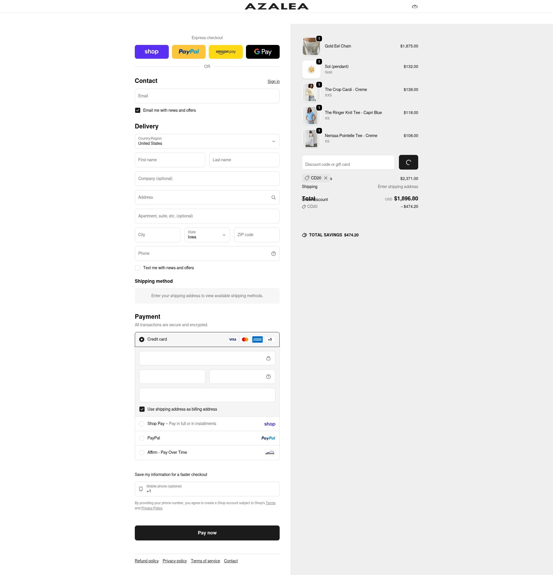 Azalea checkout page showing Azalea promo code box | Screenshot taken by SimplyCodes community member on Feb 16, 2026