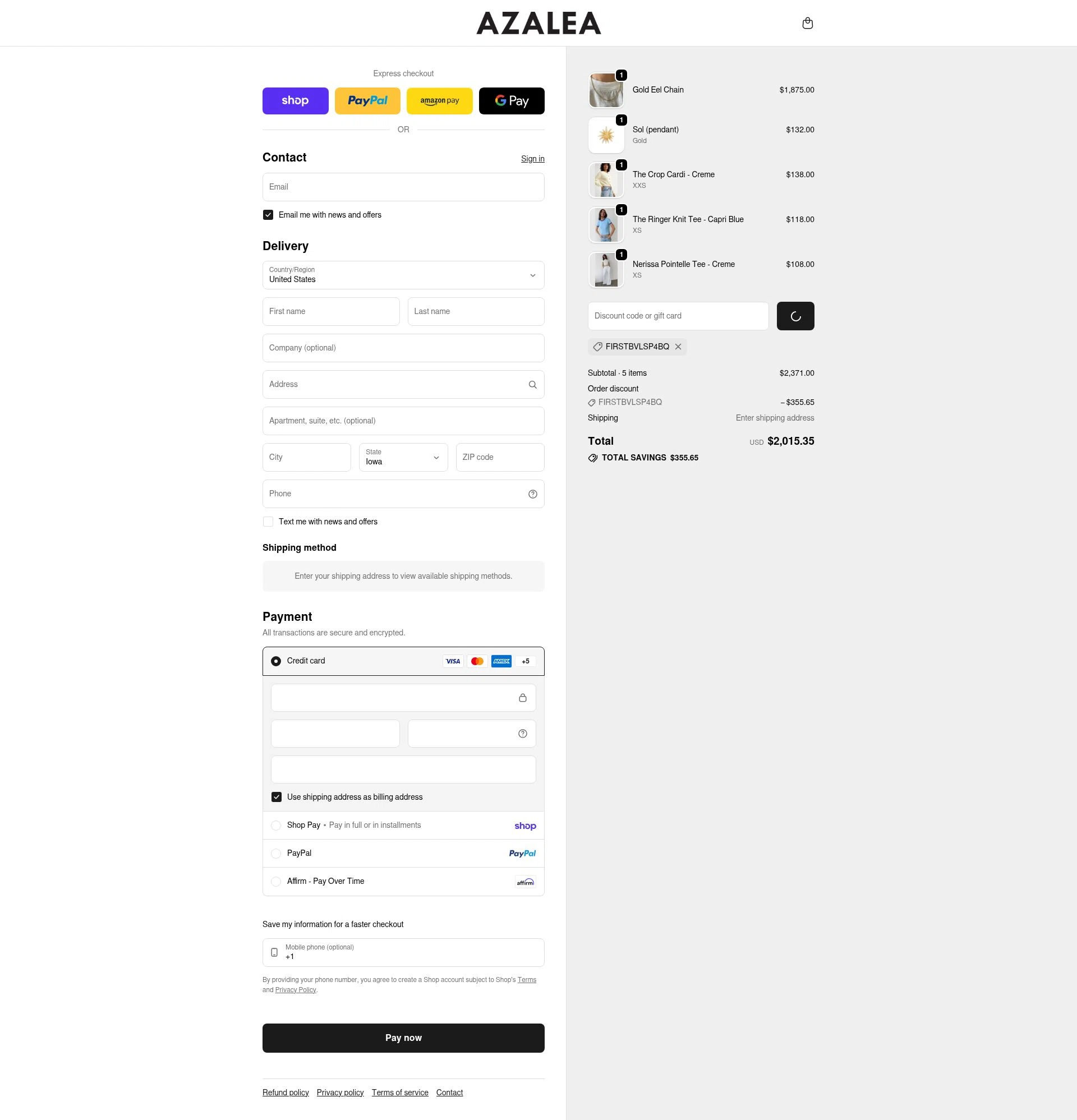 Azalea checkout page showing Azalea promo code box | Screenshot taken by SimplyCodes community member on Feb 16, 2026