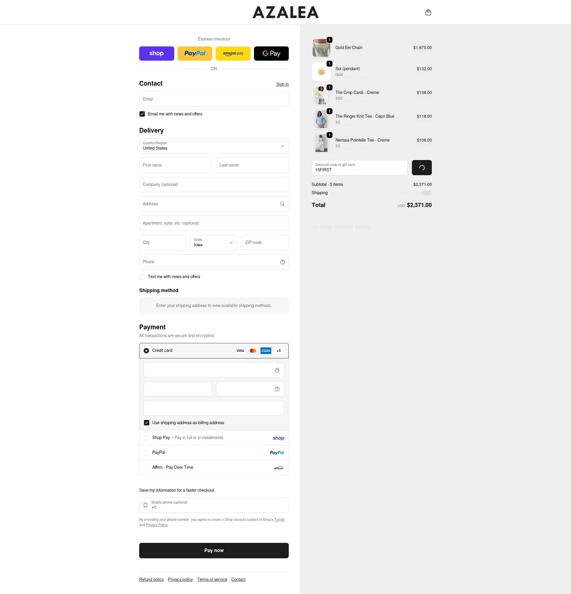 Azalea checkout page showing Azalea promo code box | Screenshot taken by SimplyCodes community member on Feb 21, 2026