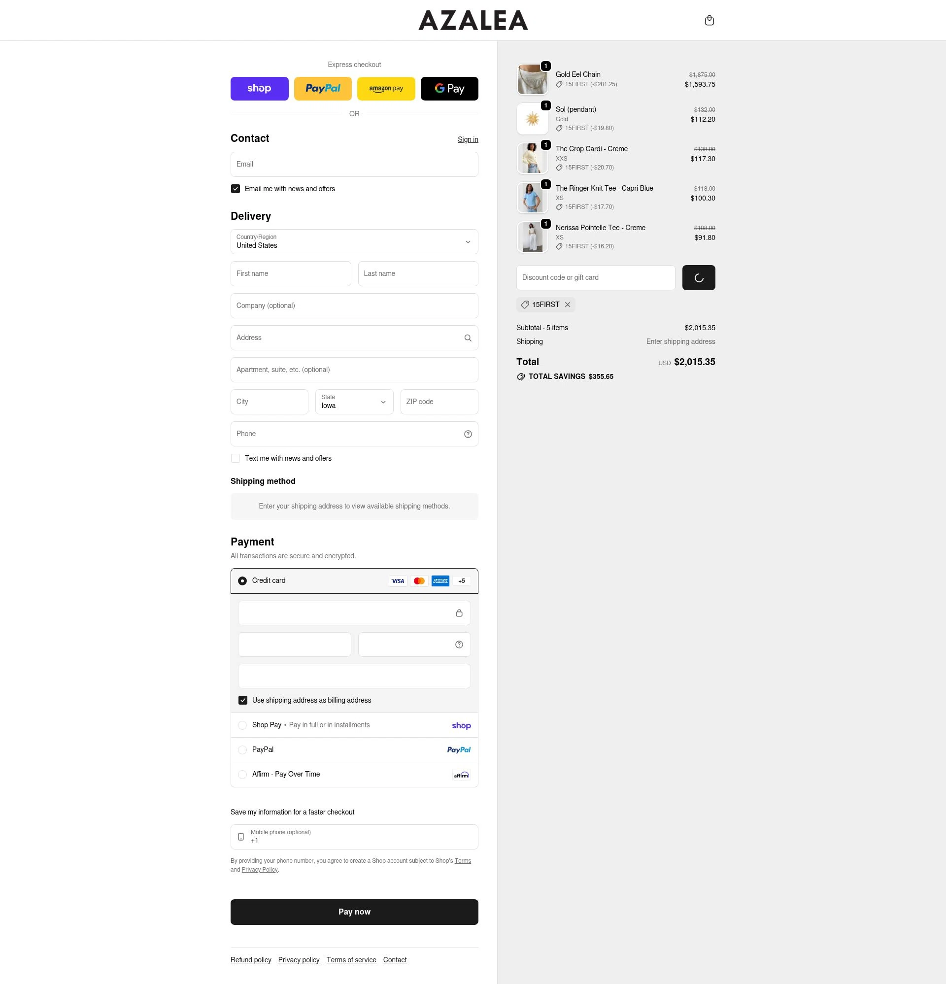 Azalea checkout page showing Azalea promo code box | Screenshot taken by SimplyCodes community member on Feb 16, 2026