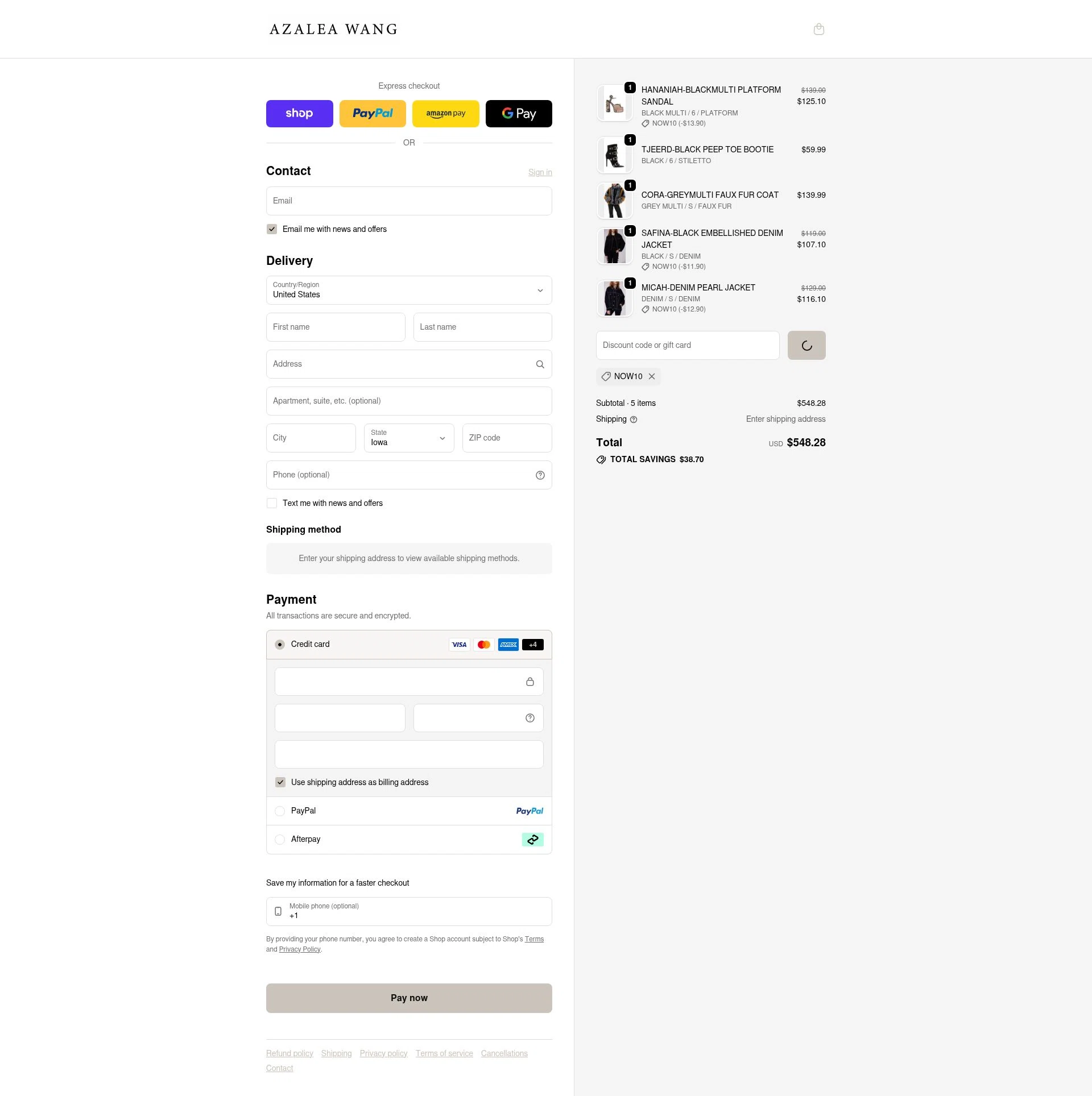AZALEA WANG checkout page showing AZALEA WANG discount code box | Screenshot taken by SimplyCodes community member on Feb 1, 2026