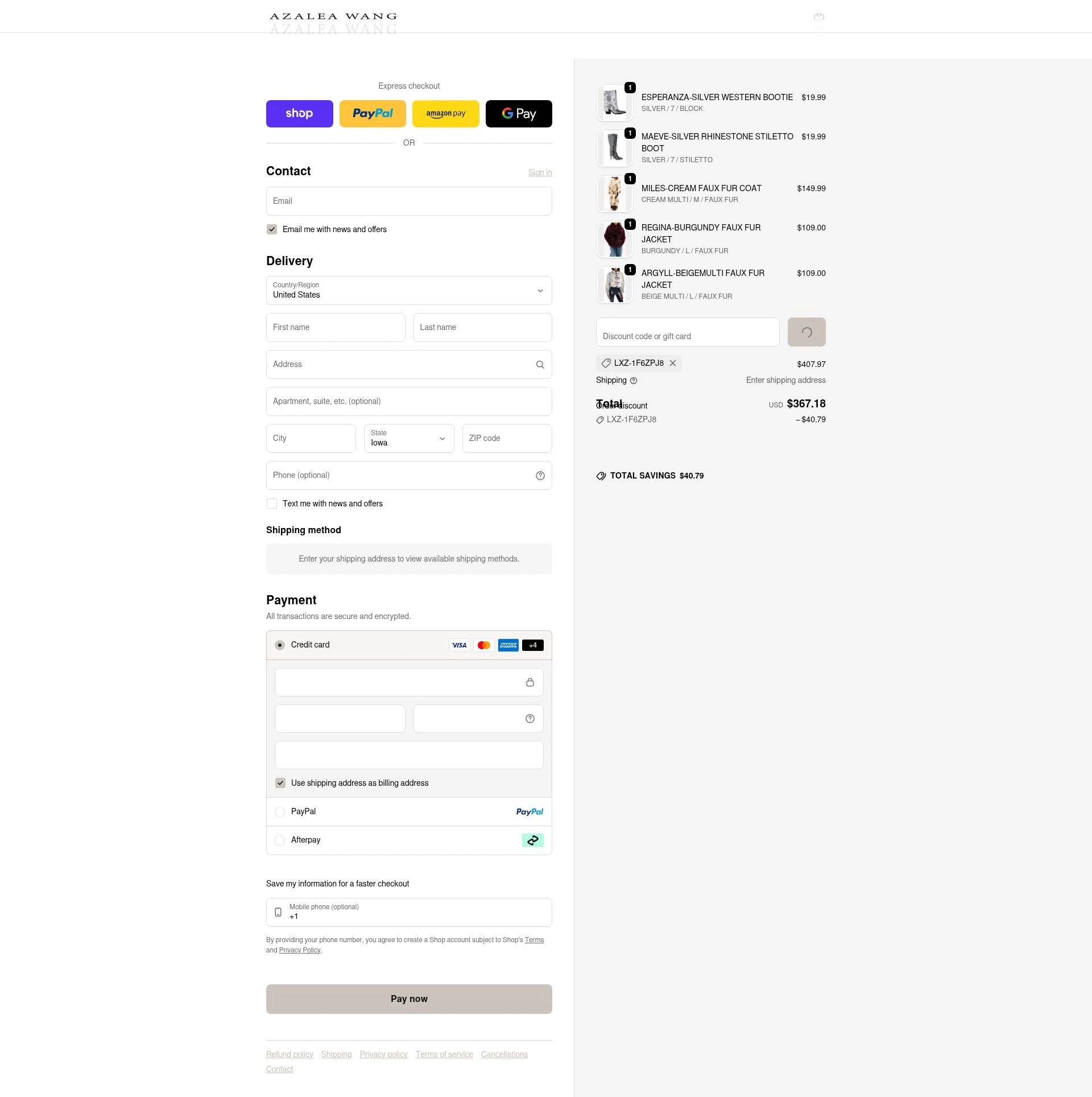 AZALEA WANG checkout page showing AZALEA WANG discount code box | Screenshot taken by SimplyCodes community member on Feb 10, 2026