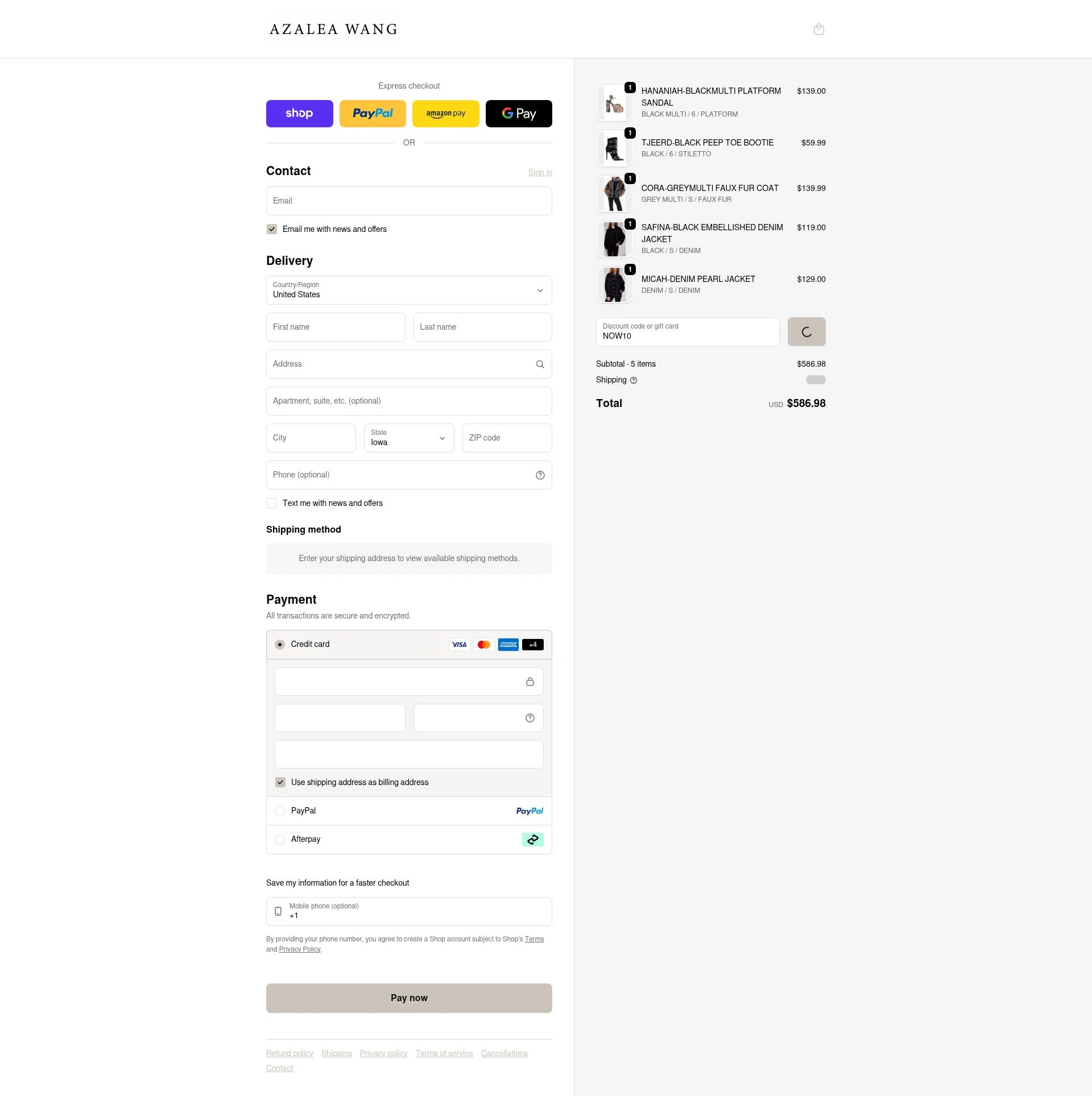 AZALEA WANG checkout page showing AZALEA WANG discount code box | Screenshot taken by SimplyCodes community member on Feb 6, 2026