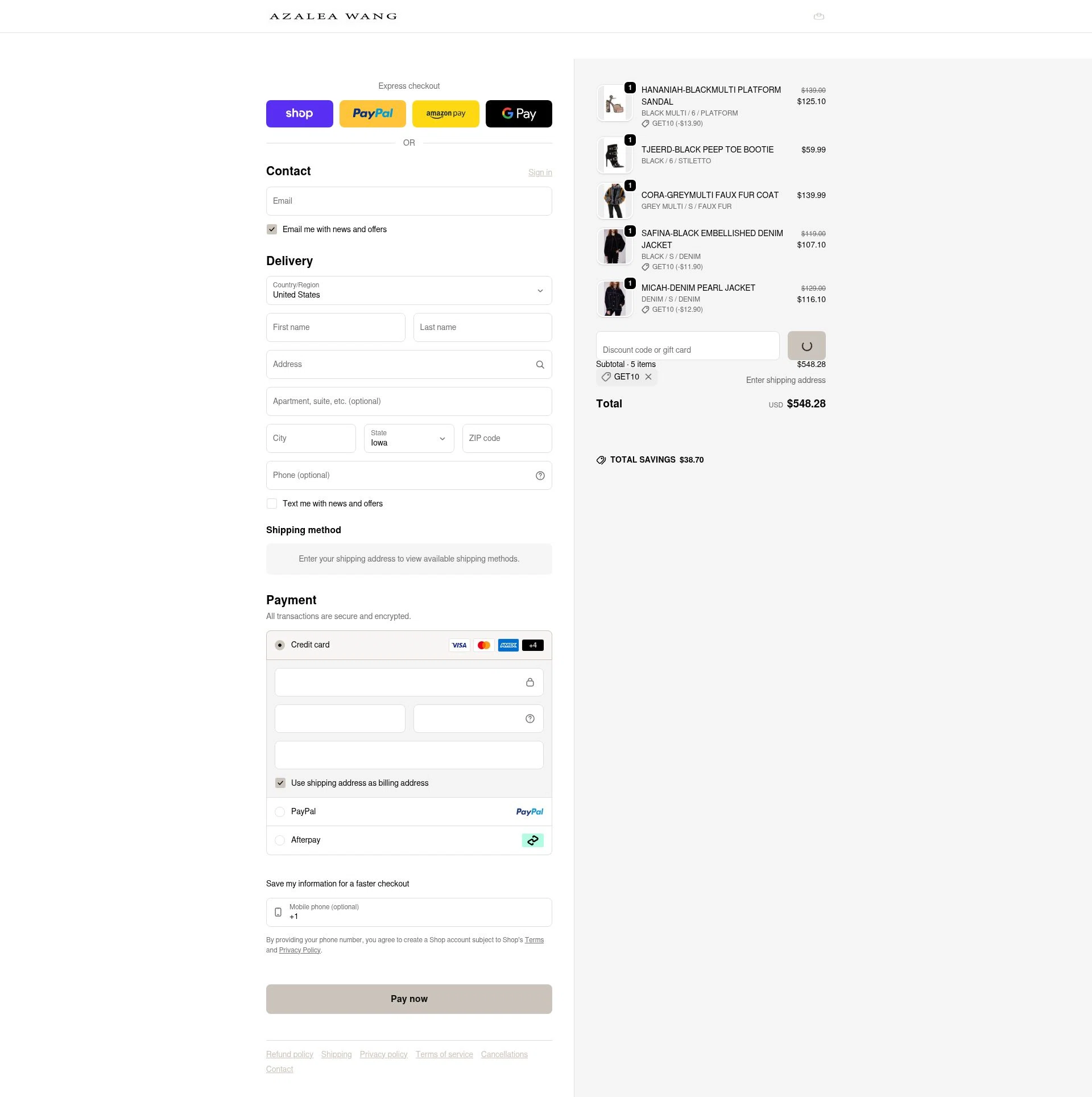 AZALEA WANG checkout page showing AZALEA WANG discount code box | Screenshot taken by SimplyCodes community member on Feb 6, 2026