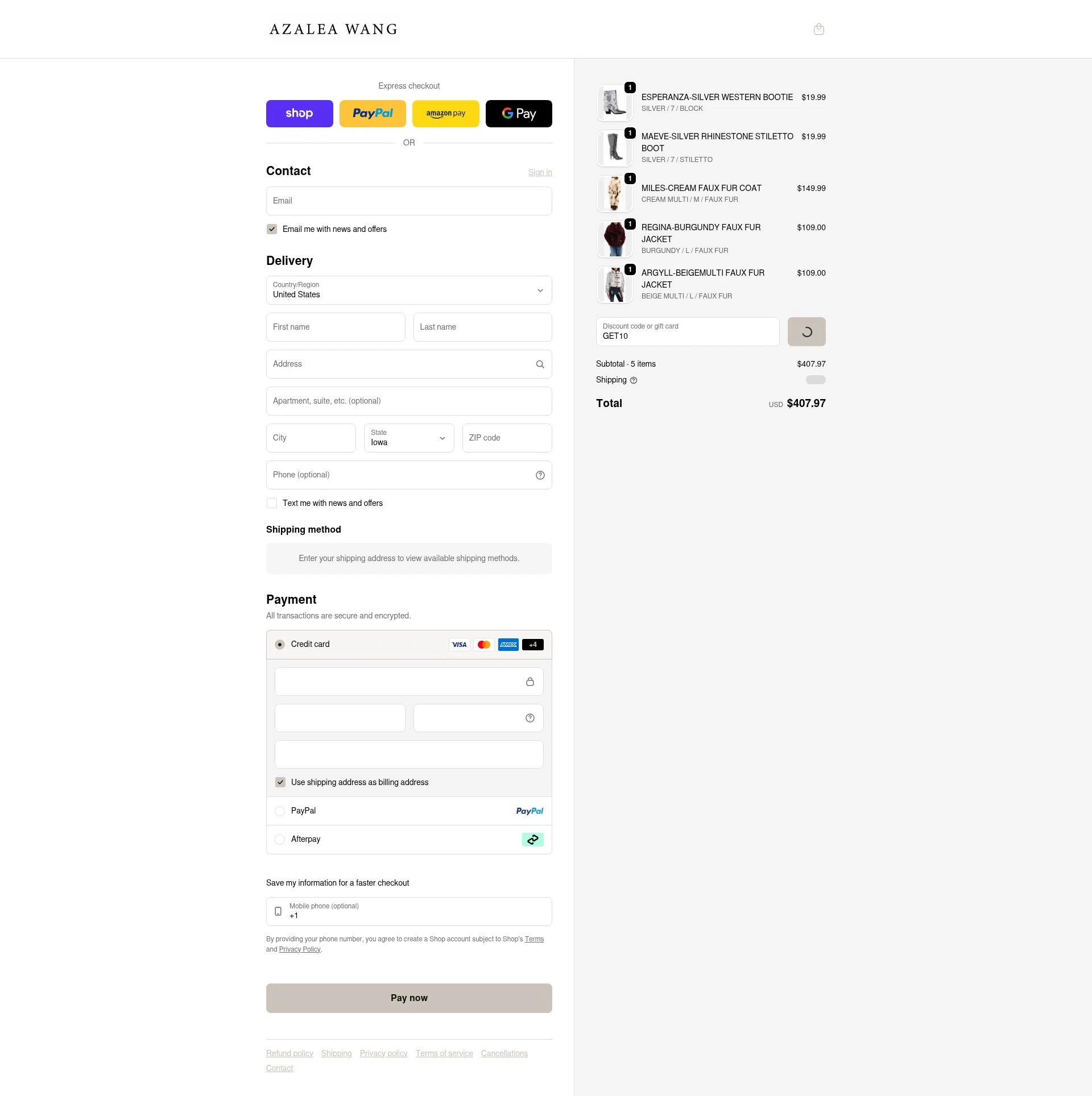 AZALEA WANG checkout page showing AZALEA WANG discount code box | Screenshot taken by SimplyCodes community member on Feb 10, 2026