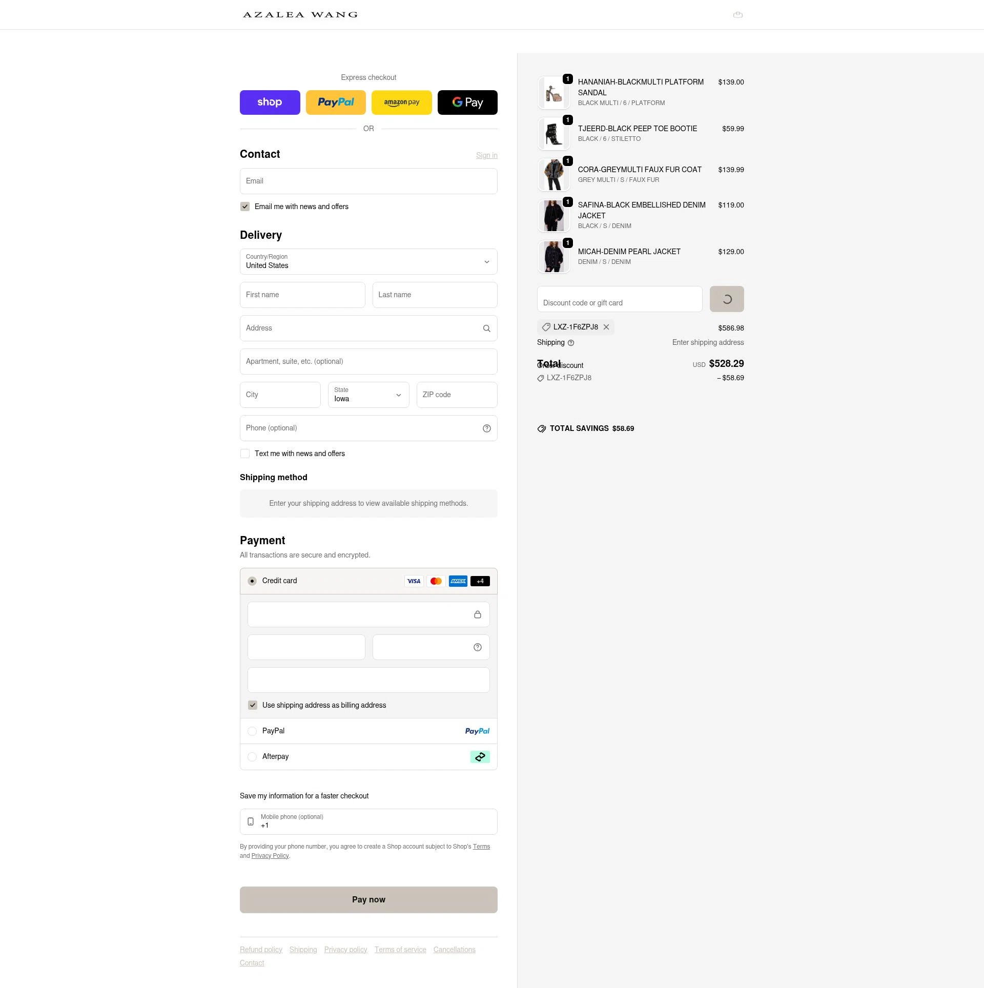 AZALEA WANG checkout page showing AZALEA WANG discount code box | Screenshot taken by SimplyCodes community member on Feb 6, 2026