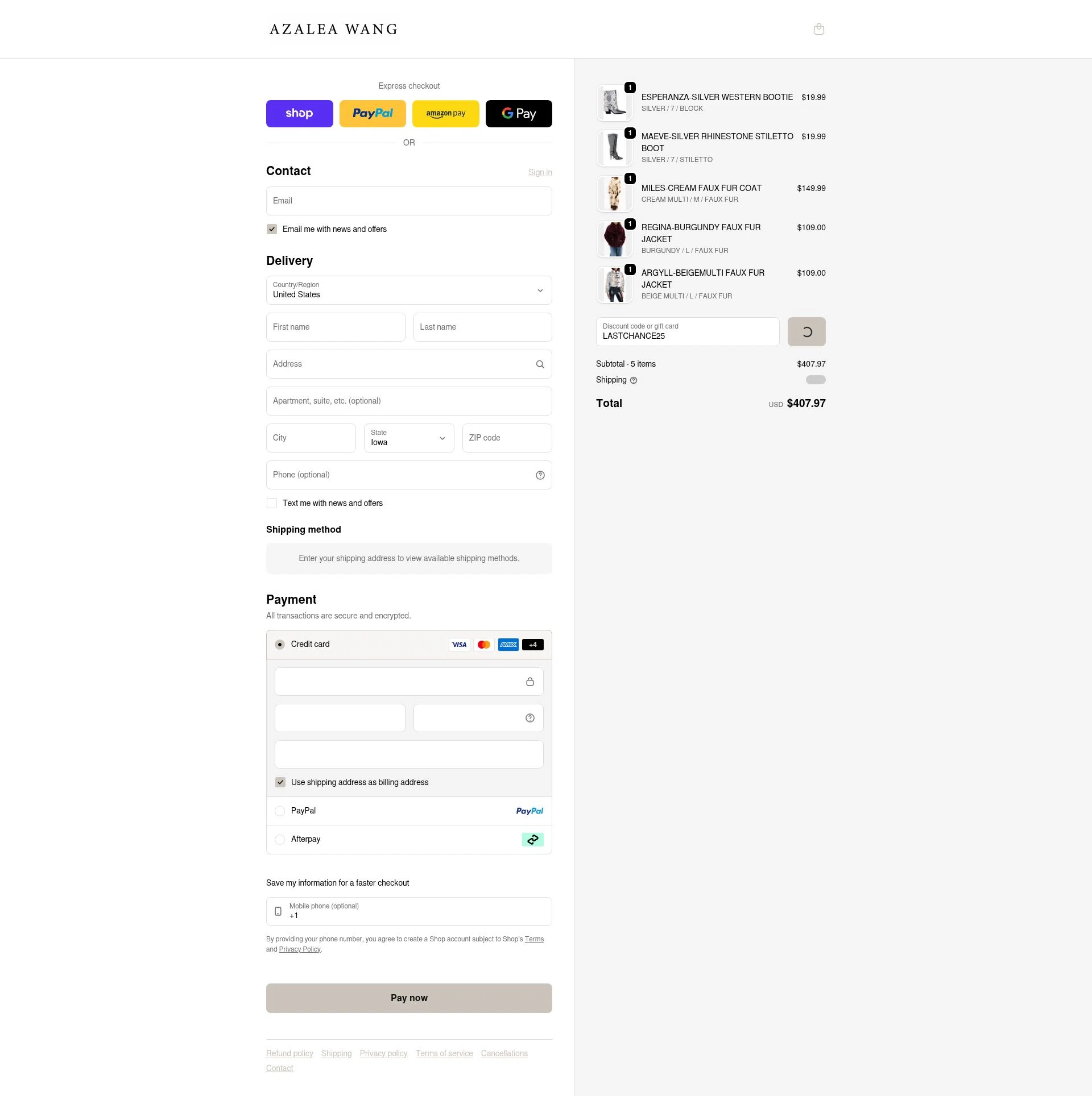 AZALEA WANG checkout page showing AZALEA WANG discount code box | Screenshot taken by SimplyCodes community member on Feb 10, 2026