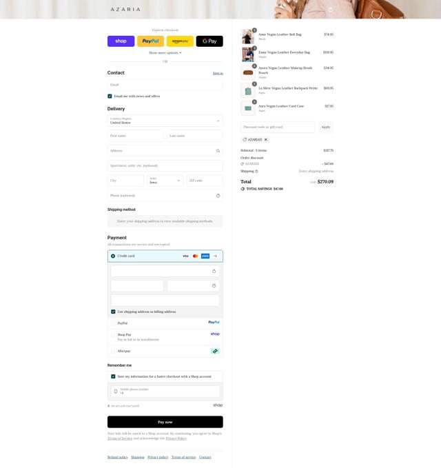 Azaria checkout page showing Azaria promo code box | Screenshot taken by SimplyCodes community member on Sep 12, 2025