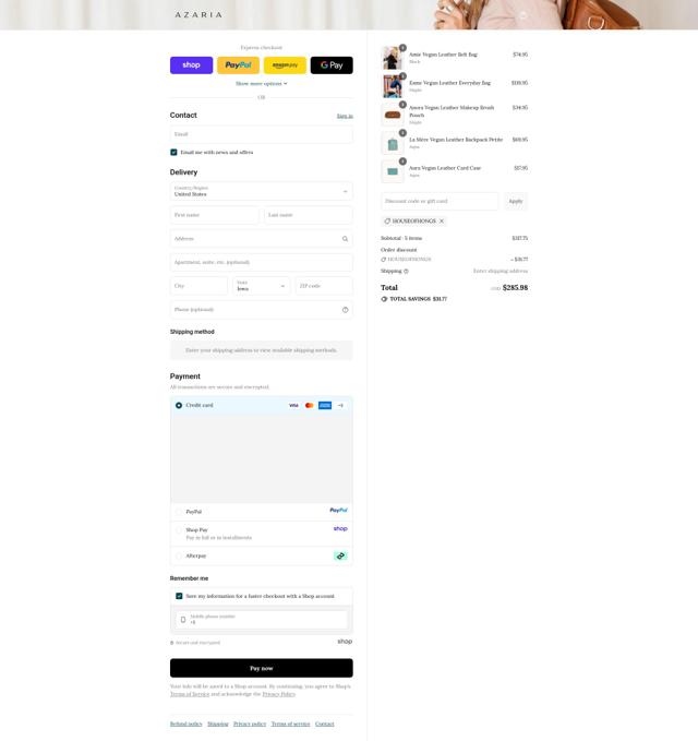 Azaria checkout page showing Azaria promo code box | Screenshot taken by SimplyCodes community member on Sep 12, 2025