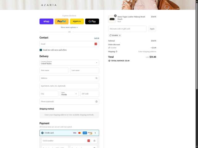Azaria checkout page showing Azaria promo code box | Screenshot taken by SimplyCodes community member on Sep 4, 2025