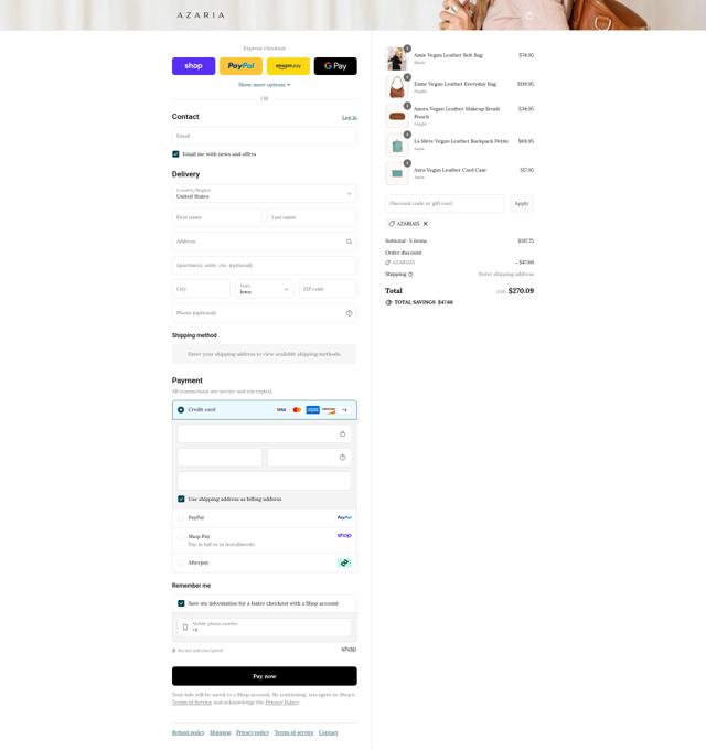 Azaria checkout page showing Azaria promo code box | Screenshot taken by SimplyCodes community member on Sep 8, 2025
