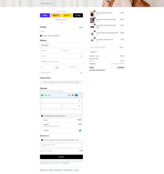 Azaria checkout page showing Azaria promo code box | Screenshot taken by SimplyCodes community member on Sep 12, 2025