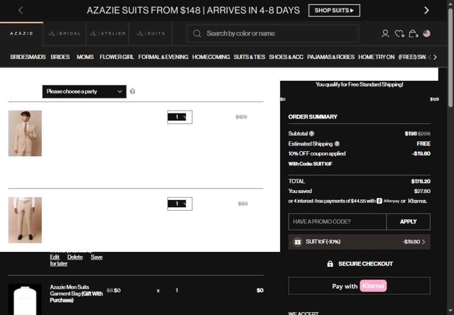 Azazie checkout page showing Azazie promo code box | Screenshot taken by SimplyCodes community member on Aug 28, 2025