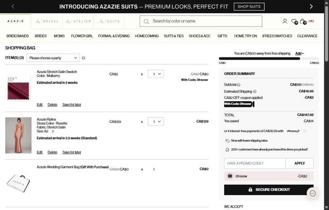 Azazie checkout page showing Azazie promo code box | Screenshot taken by SimplyCodes community member on Aug 18, 2025