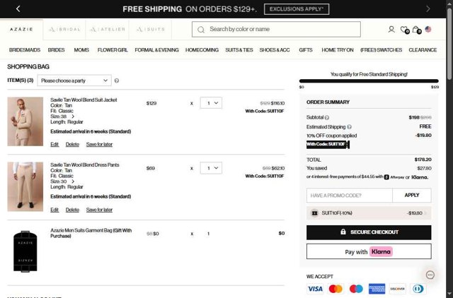 Azazie checkout page showing Azazie promo code box | Screenshot taken by SimplyCodes community member on Aug 20, 2025