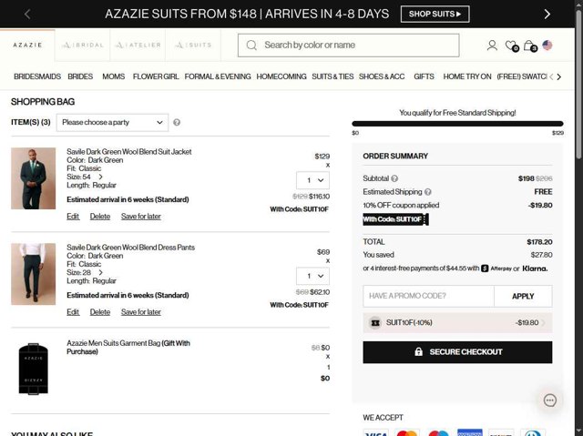 Azazie checkout page showing Azazie promo code box | Screenshot taken by SimplyCodes community member on Aug 23, 2025