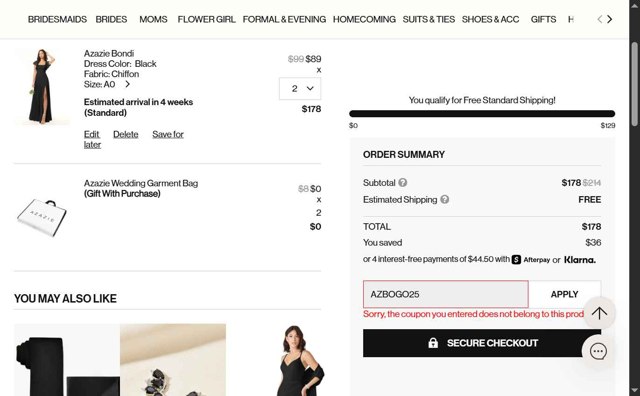 Azazie checkout page showing Azazie promo code box | Screenshot taken by SimplyCodes community member on Aug 20, 2025