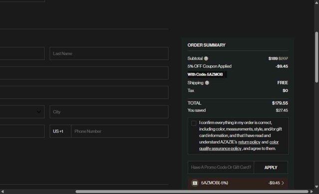 Azazie checkout page showing Azazie promo code box | Screenshot taken by SimplyCodes community member on Aug 23, 2025