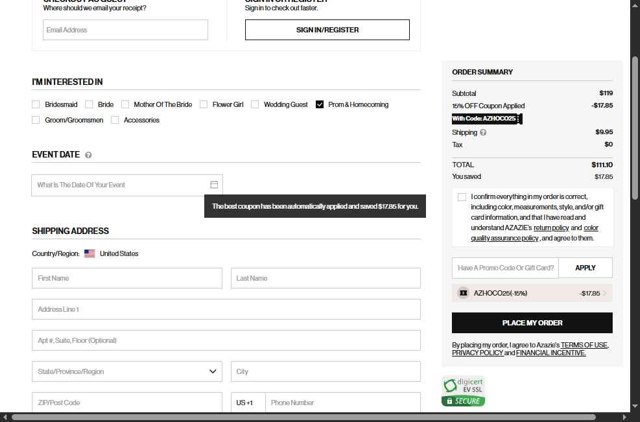 Azazie checkout page showing Azazie promo code box | Screenshot taken by SimplyCodes community member on Aug 15, 2025