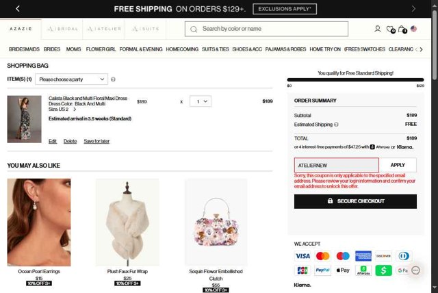 Azazie checkout page showing Azazie promo code box | Screenshot taken by SimplyCodes community member on Aug 28, 2025