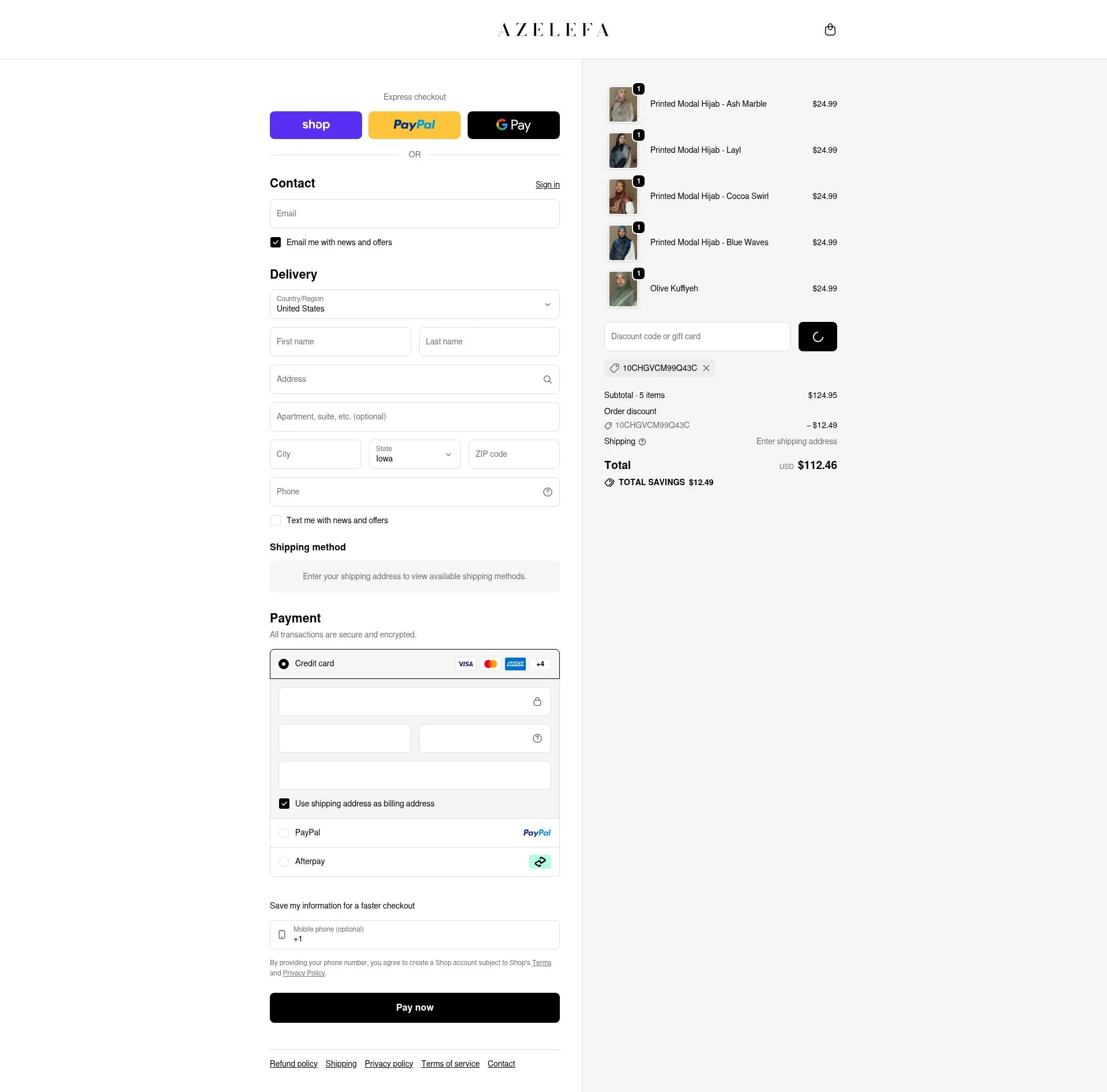 Azelefa Co checkout page showing Azelefa Co promo code box | Screenshot taken by SimplyCodes community member on Jan 15, 2026