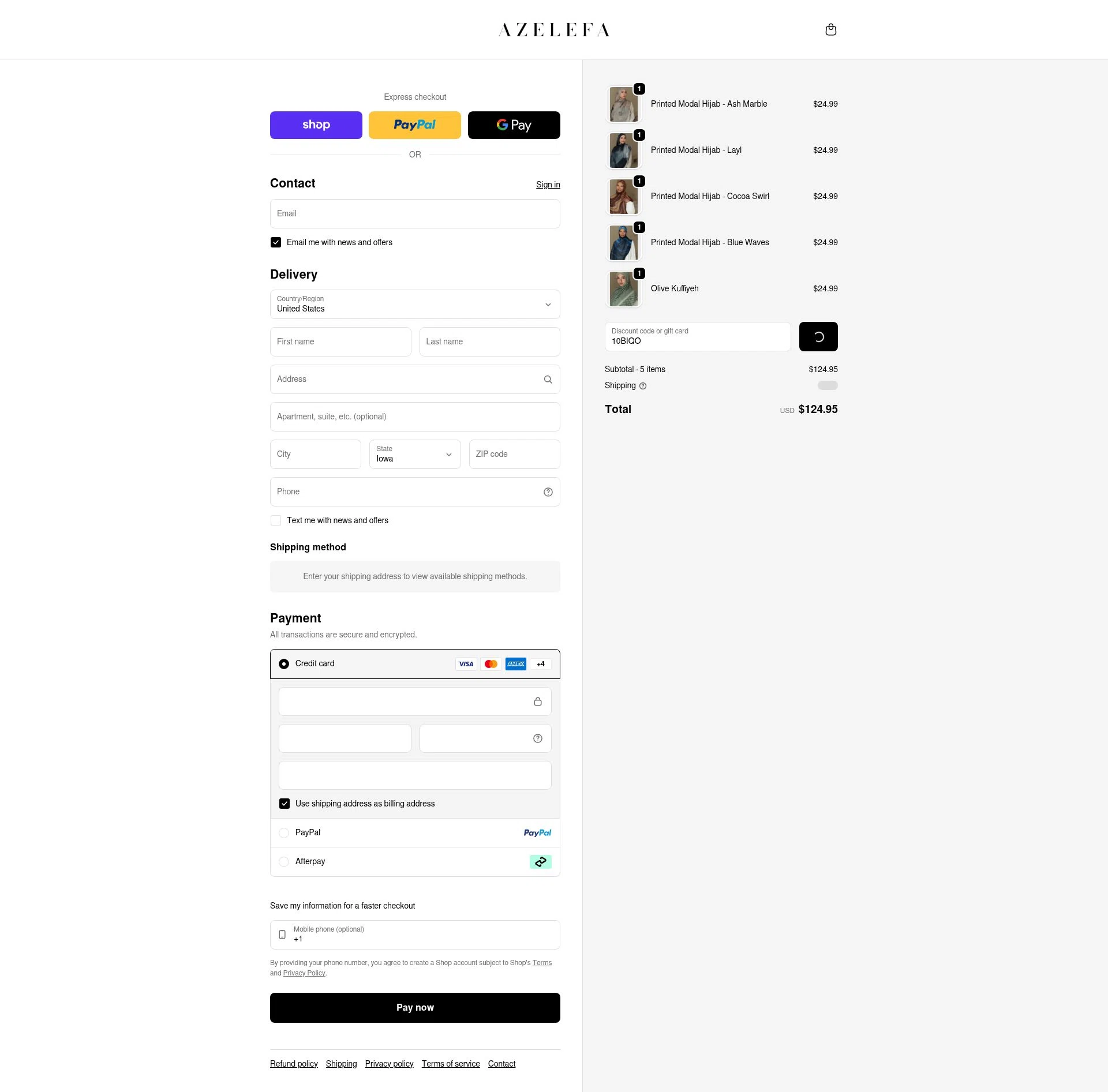 Azelefa Co checkout page showing Azelefa Co promo code box | Screenshot taken by SimplyCodes community member on Jan 15, 2026