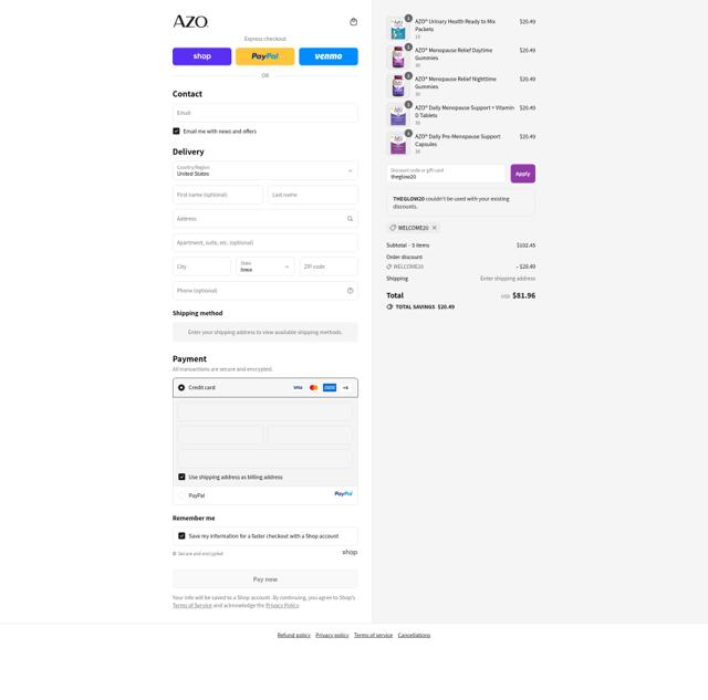 AZO checkout page showing AZO promo code box | Screenshot taken by SimplyCodes community member on Sep 10, 2025