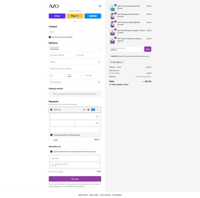 AZO checkout page showing AZO promo code box | Screenshot taken by SimplyCodes community member on Sep 10, 2025