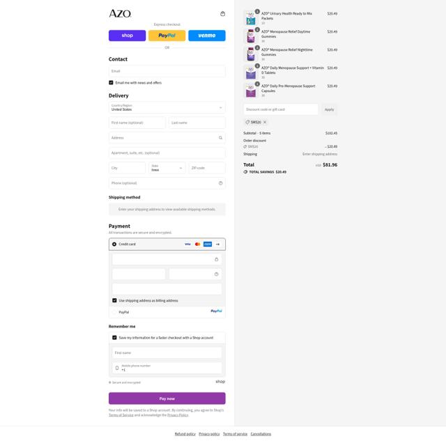 AZO checkout page showing AZO promo code box | Screenshot taken by SimplyCodes community member on Sep 10, 2025