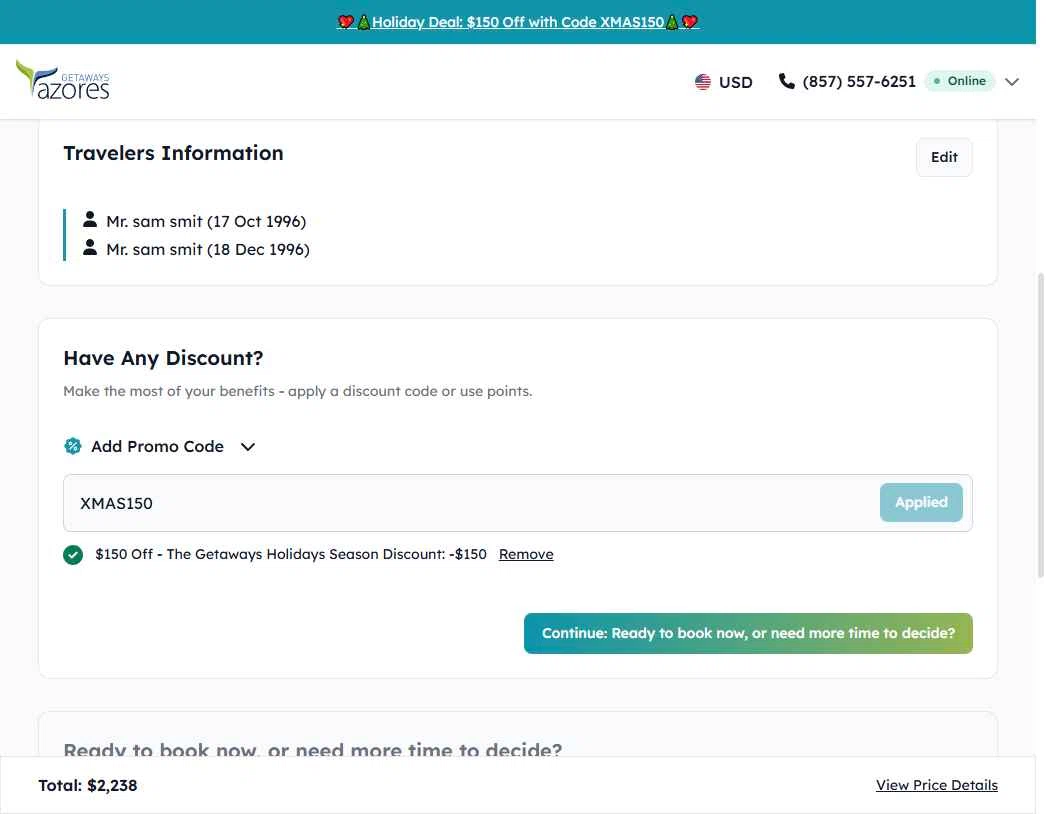 Azores Getaways checkout page showing Azores Getaways promo code box | Screenshot taken by SimplyCodes community member on Dec 20, 2025