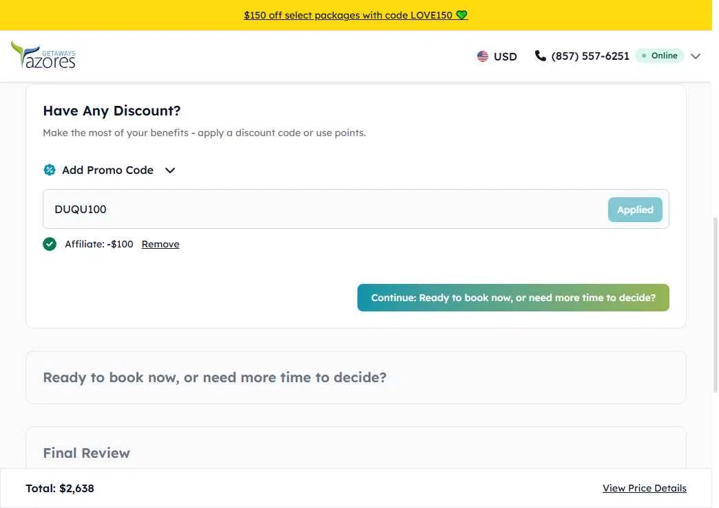 Azores Getaways checkout page showing Azores Getaways promo code box | Screenshot taken by SimplyCodes community member on Feb 14, 2026