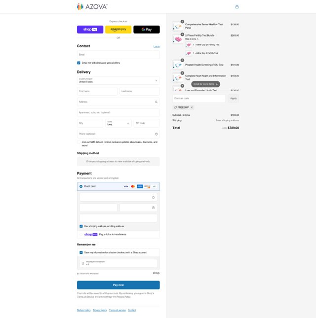 Azova checkout page showing Azova coupon code box | Screenshot taken by SimplyCodes community member on Jul 27, 2025