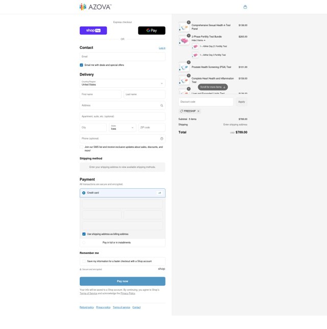 Azova checkout page showing Azova coupon code box | Screenshot taken by SimplyCodes community member on Aug 5, 2025