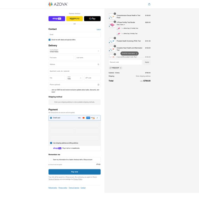 Azova checkout page showing Azova coupon code box | Screenshot taken by SimplyCodes community member on Aug 13, 2025