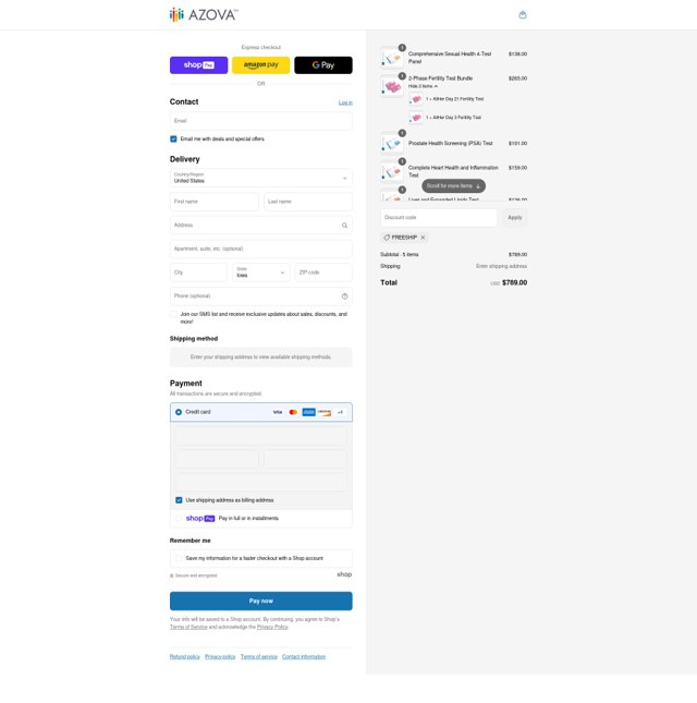 Azova checkout page showing Azova coupon code box | Screenshot taken by SimplyCodes community member on Jul 23, 2025