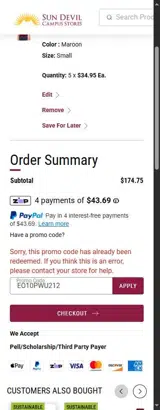 Arizona State Sun Devils coupon verification screenshot