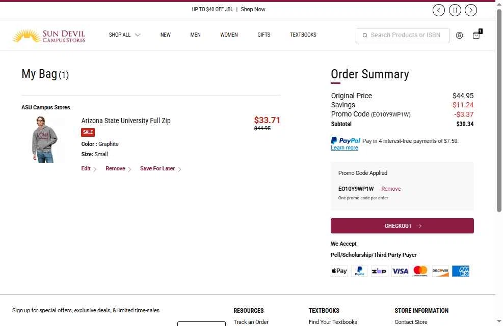 Arizona State Sun Devils checkout page showing Arizona State Sun Devils promo code box | Screenshot taken by SimplyCodes community member on Feb 12, 2026
