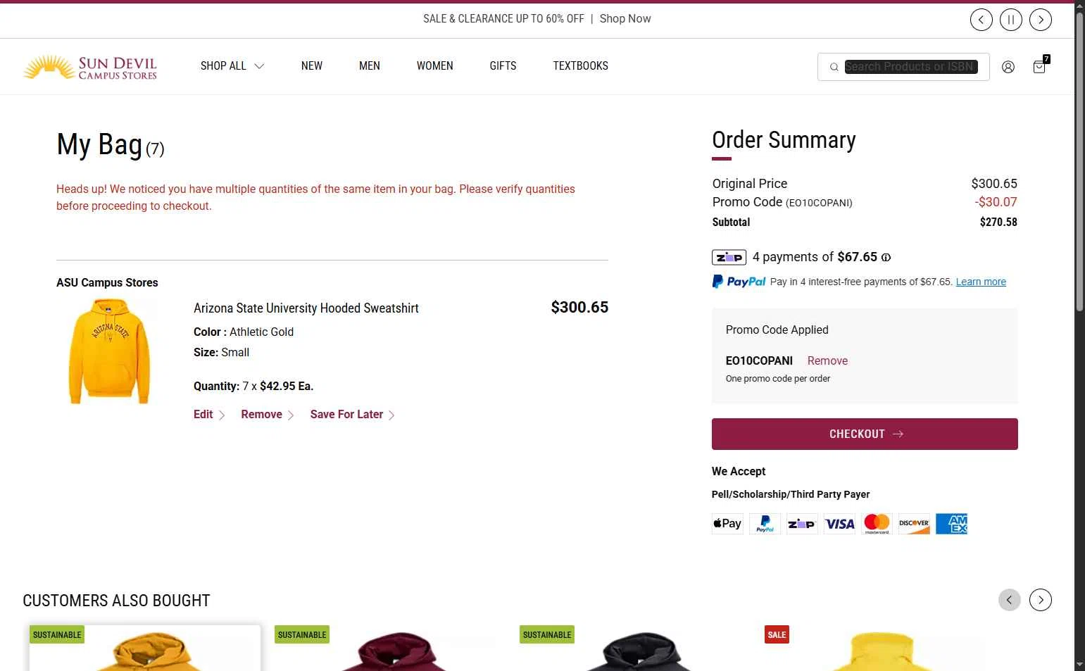 Arizona State Sun Devils checkout page showing Arizona State Sun Devils promo code box | Screenshot taken by SimplyCodes community member on Feb 11, 2026