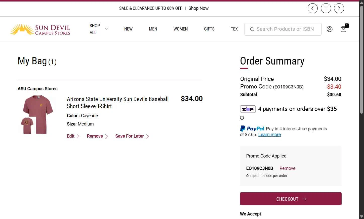 Arizona State Sun Devils checkout page showing Arizona State Sun Devils promo code box | Screenshot taken by SimplyCodes community member on Feb 9, 2026