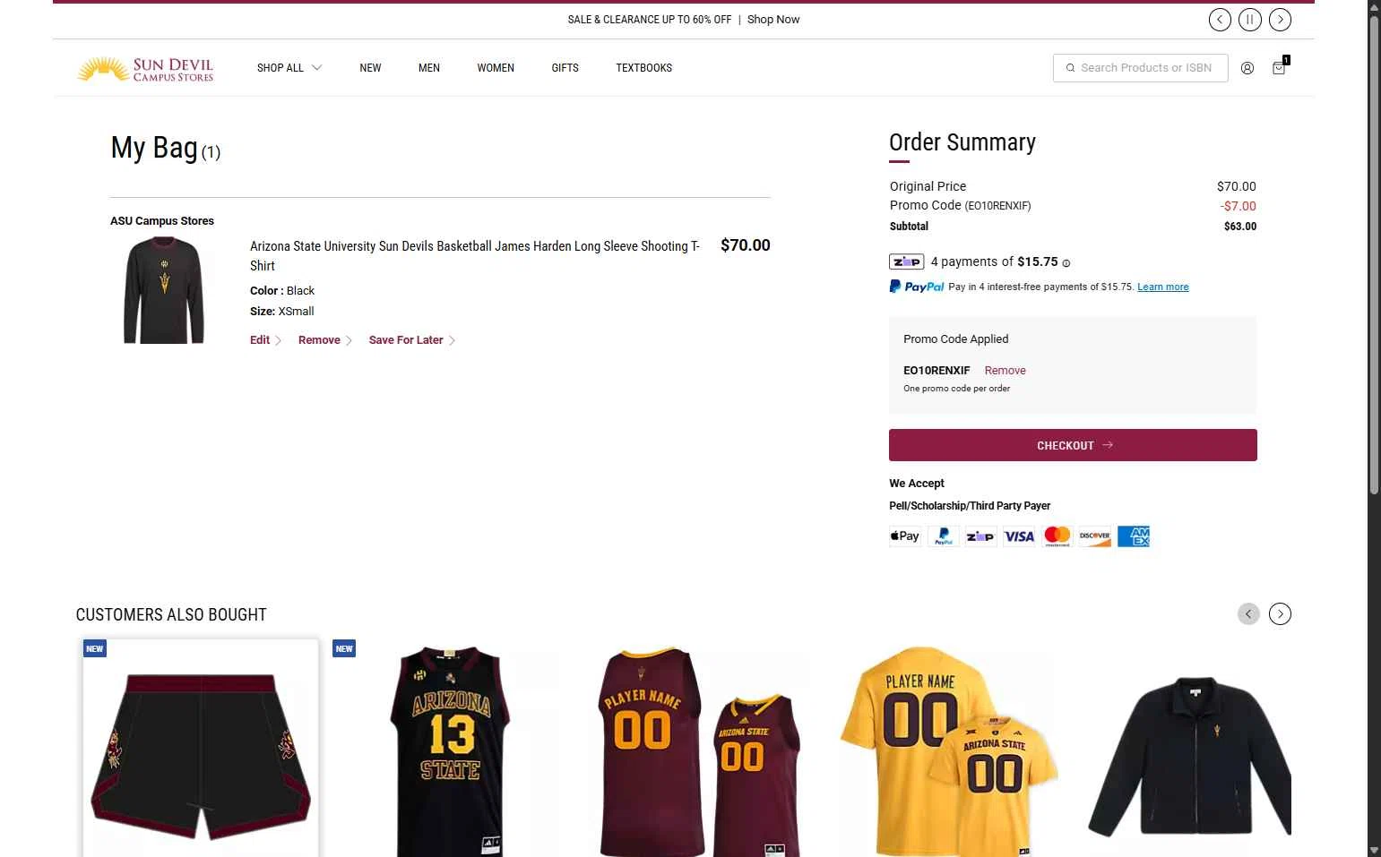 Arizona State Sun Devils checkout page showing Arizona State Sun Devils promo code box | Screenshot taken by SimplyCodes community member on Jan 31, 2026