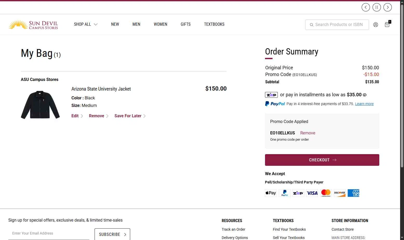 Arizona State Sun Devils checkout page showing Arizona State Sun Devils promo code box | Screenshot taken by SimplyCodes community member on Jan 31, 2026