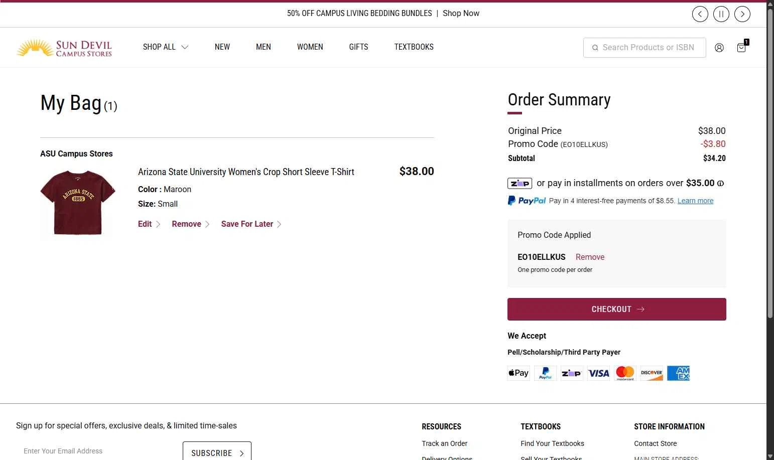 Arizona State Sun Devils checkout page showing Arizona State Sun Devils promo code box | Screenshot taken by SimplyCodes community member on Jan 31, 2026