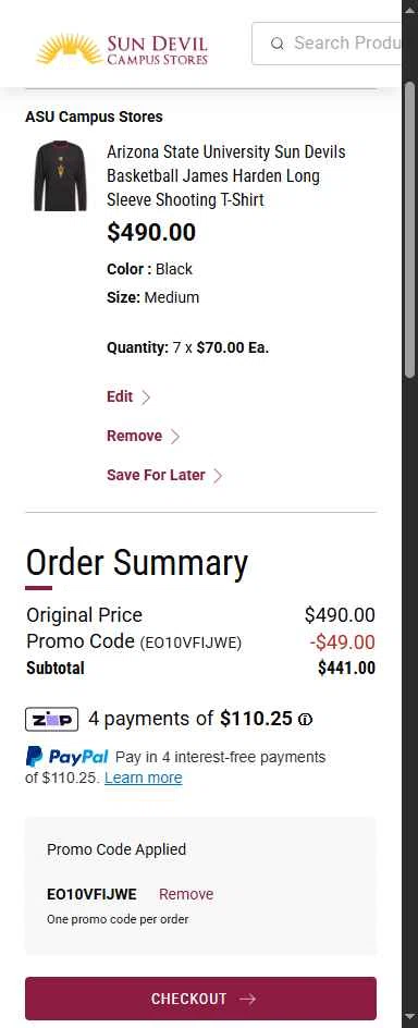 Arizona State Sun Devils checkout page showing Arizona State Sun Devils promo code box | Screenshot taken by SimplyCodes community member on Feb 11, 2026