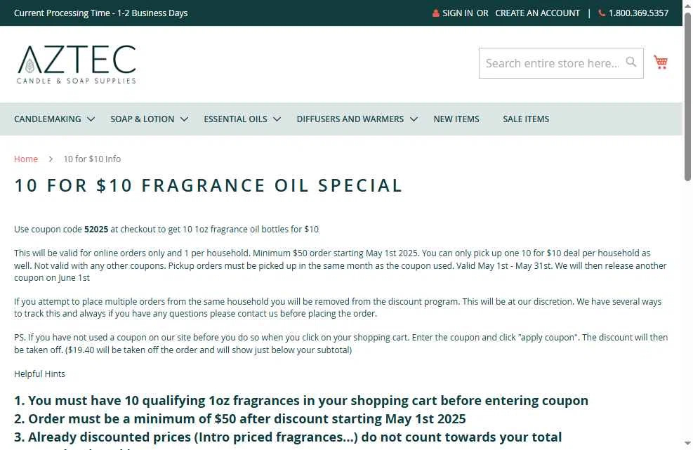 Aztec Candle and Soap Making Supplies checkout page showing Aztec Candle and Soap Making Supplies promo code box | Screenshot taken by SimplyCodes community member on May 31, 2025