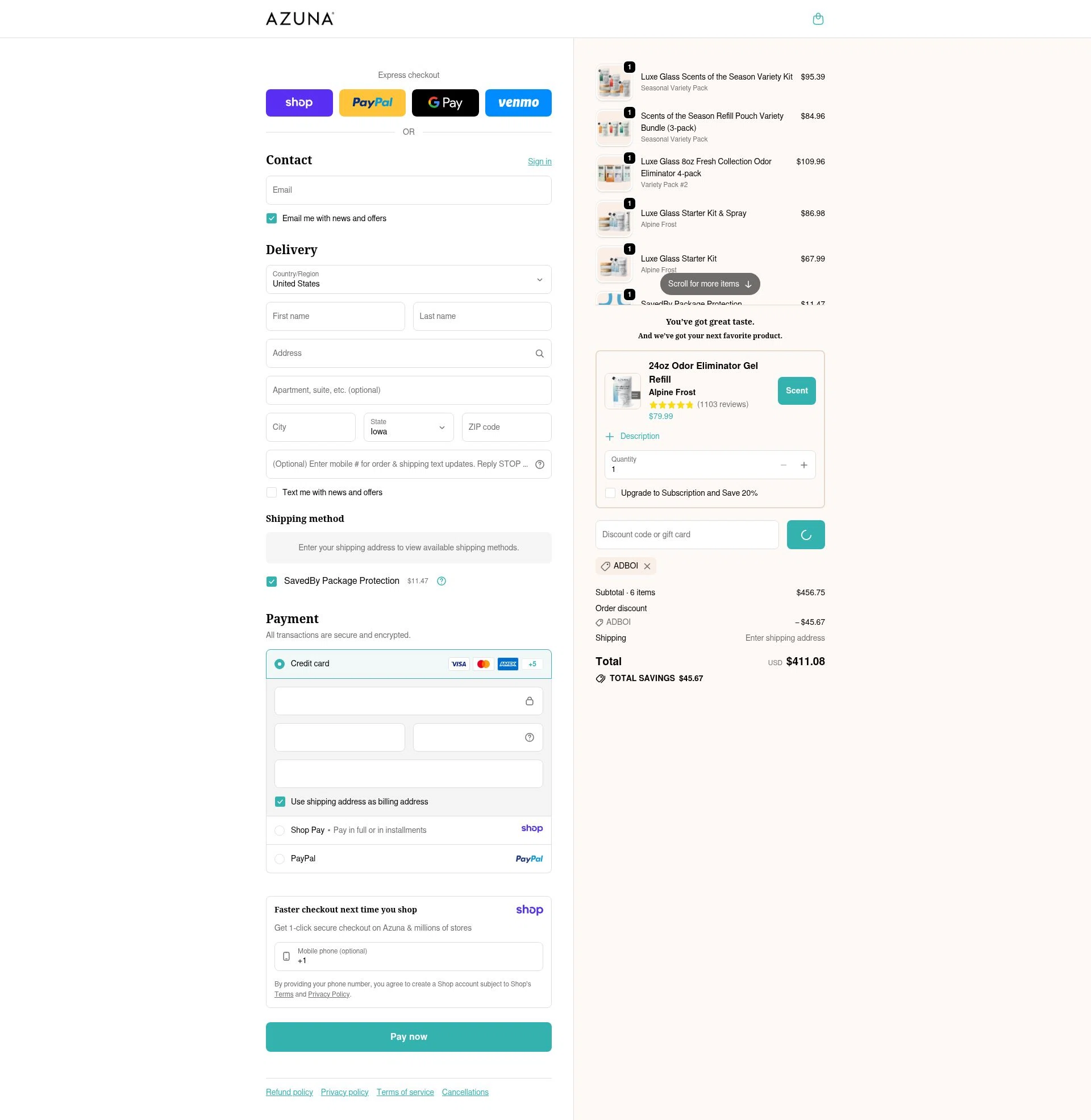 Azuna checkout page showing Azuna discount code box | Screenshot taken by SimplyCodes community member on Jan 9, 2026