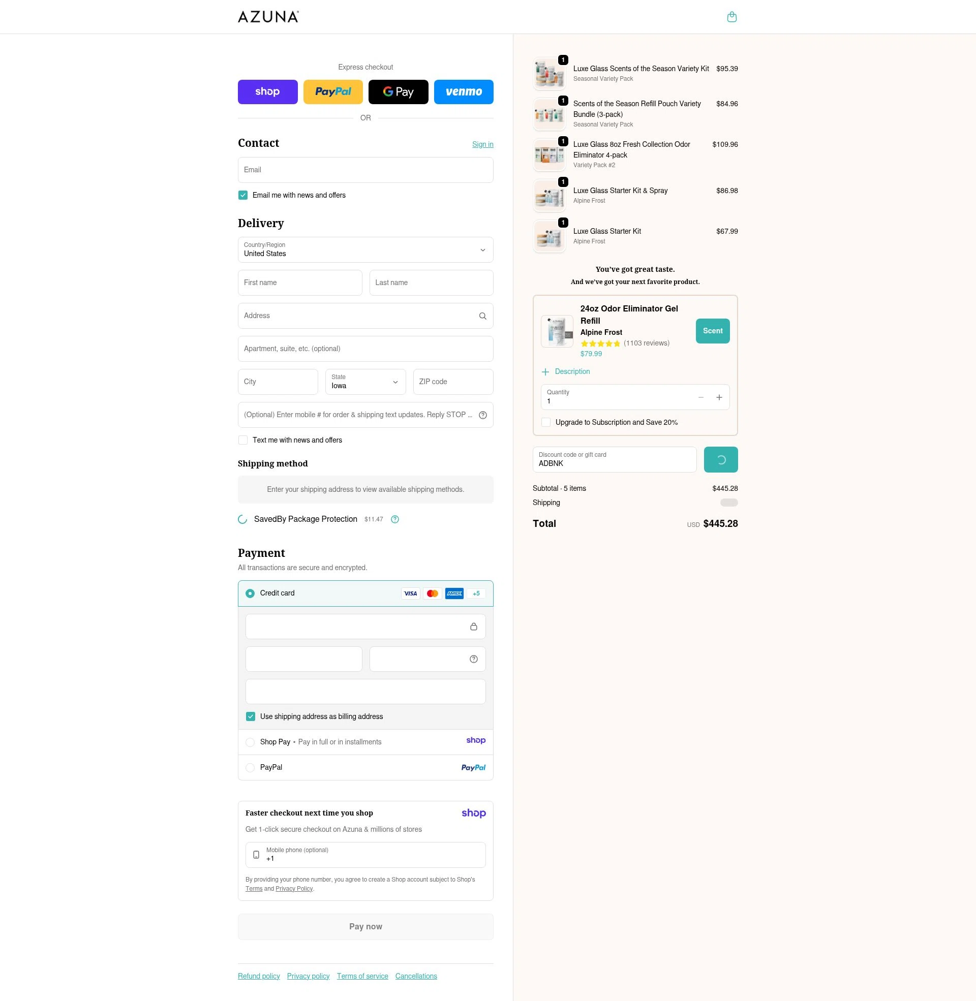 Azuna checkout page showing Azuna discount code box | Screenshot taken by SimplyCodes community member on Jan 9, 2026