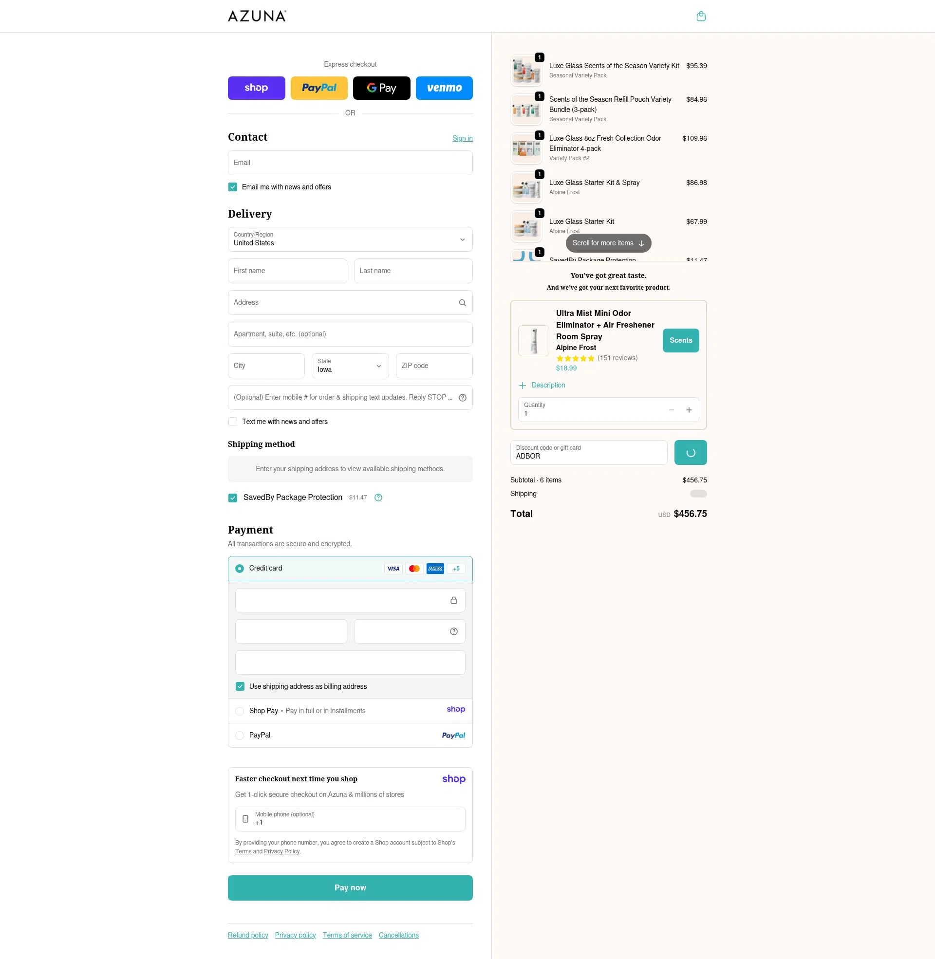 Azuna checkout page showing Azuna discount code box | Screenshot taken by SimplyCodes community member on Jan 9, 2026