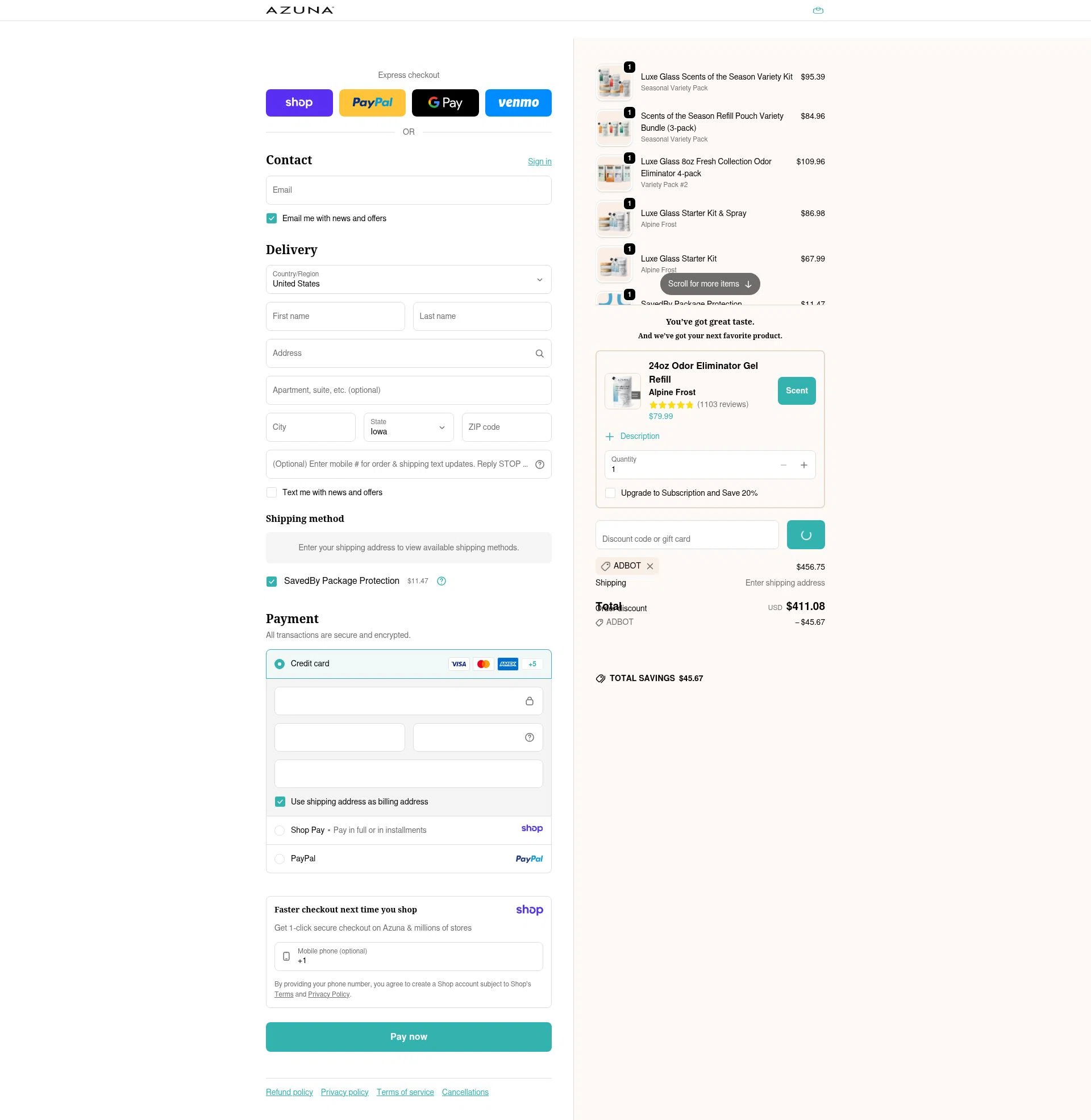 Azuna checkout page showing Azuna discount code box | Screenshot taken by SimplyCodes community member on Jan 9, 2026