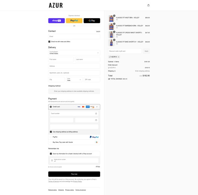 Azur Fit checkout page showing Azur Fit discount code box | Screenshot taken by SimplyCodes community member on Jul 29, 2025