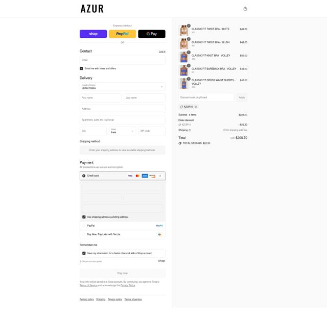 Azur Fit checkout page showing Azur Fit discount code box | Screenshot taken by SimplyCodes community member on Sep 2, 2025